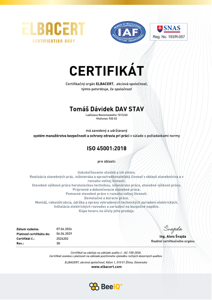 ISO 45001:2018 BOZP Bezpečnosť - Tomáš Dávidek DAV STAV